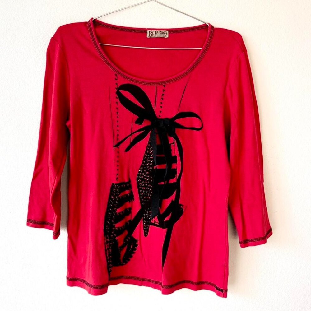 Vintage y2k 2000s red embellished top high heels bows shirt
